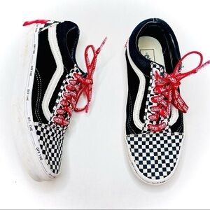 Vans Old Skool Black Suede & Checkerboard Disarray Sneakers with Red Laces